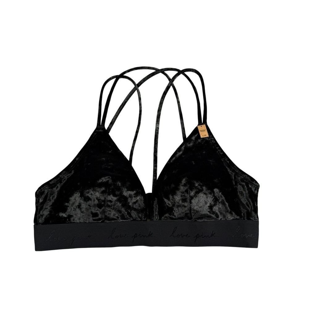 Victoria's Secret PINK Womens Large Bralette Black Velvet Strappy Cage Back New